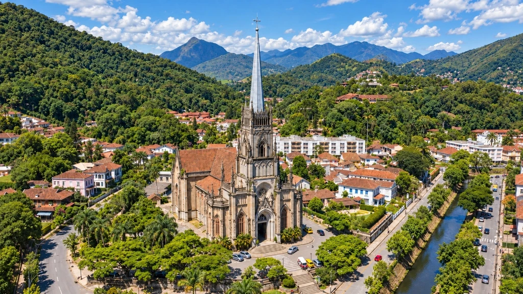 Vista aérea diurna da Catedral São Pedro de Alcântara e Centro Histórico de Petrópolis